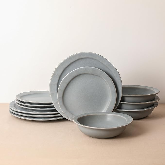 Stone Lain Oasis 24-Piece Dinnerware Set Stoneware, Dishwasher and Microwave Safe Plates and Bowls Set, Dish Set for 8, Grey Blue