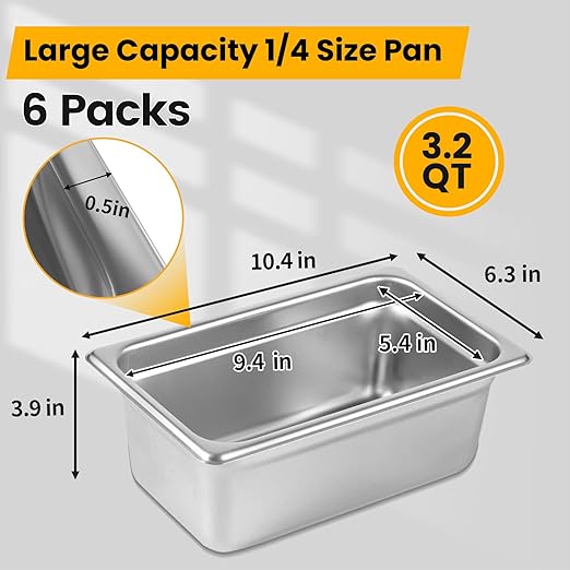 1/4 Hotel Pans 4 Inch Deep Stainless Steel Food Pan - Anti-Jam 6 Pack Steam Table Pan Set for Catering, Buffet Use, Kitchen Prep