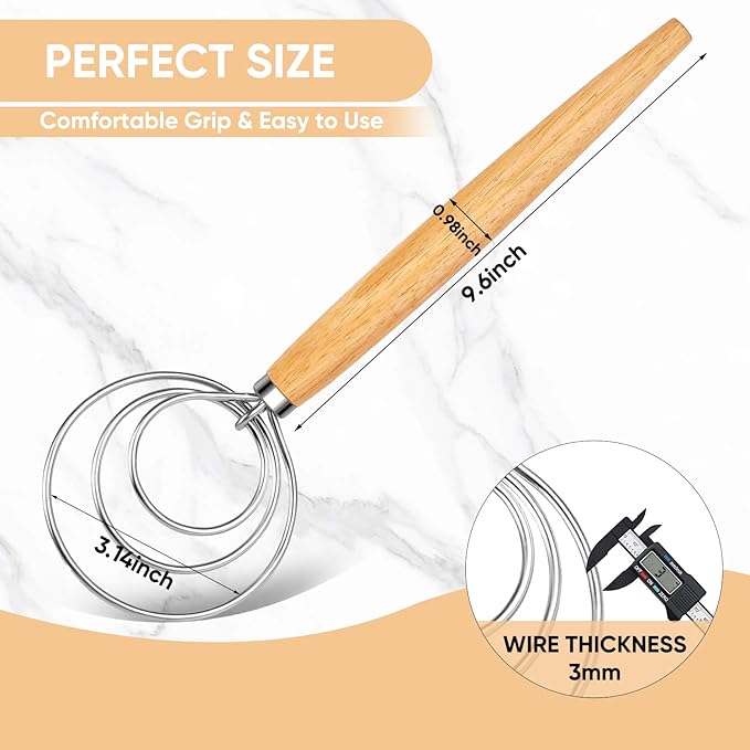 Maxjoy Danish Dough Whisk Wooden Dutch Bread Mixer with Stainless Steel Hook for Sourdough Baking Hand Tool