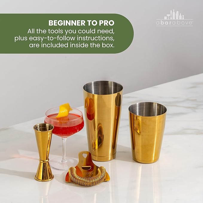 A Bar Above 4-Piece Cocktail Shaker Set, for Professional and Home Bar, Premium Bar Kit Gifts, Includes Strainer, Jigger, Shaker Set, and 4-Hour Cocktail Course