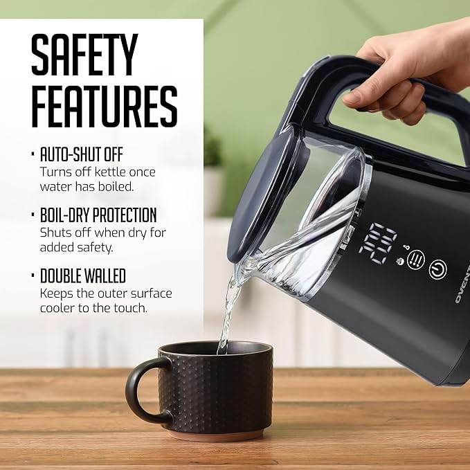 OVENTE 1L Small Electric Kettle with 5 Temperature Preset, Digital Display, 5Hr Keep Warm, Auto Shut-Off, Double-Wall Cool Touch Exterior, Borosilicate Glass,1500W BPA Free Water Boiler, Black KD95B