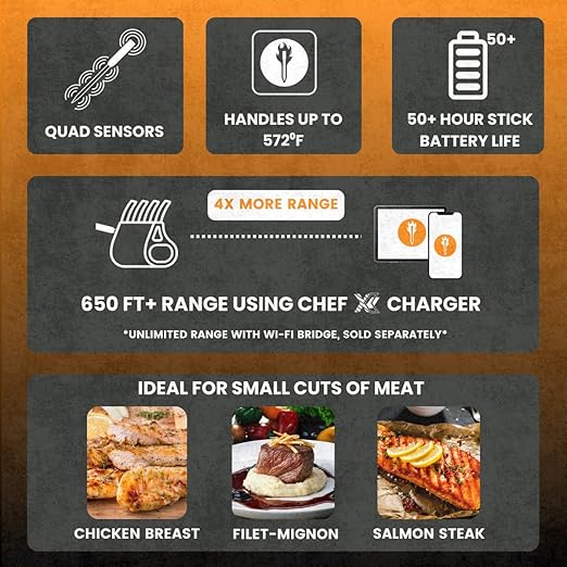 ChefX Wireless MeatStick - Smart 4 Sensor Bluetooth Meat Thermometer for Grilling & Smoking, 650ft+ Range