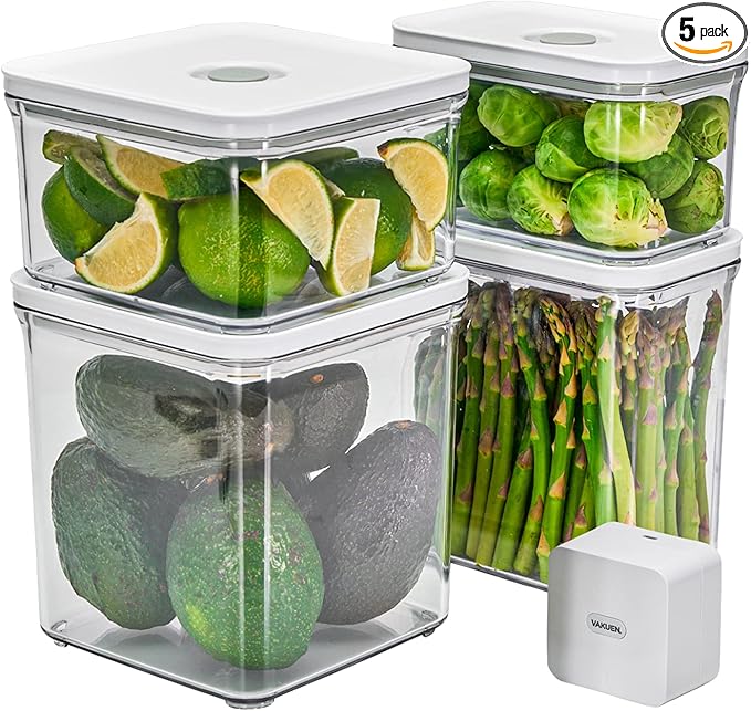 VAKUEN Premium Airtight Food Storage Containers & Vacuum Sealer Machine Starter Set, 4-piece Container with Sealer, 100% Leak Proof,Keep food fresh up to 5 times longer than non-vacuum strorage.