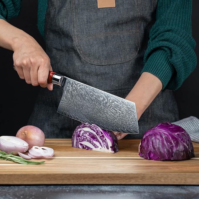 SENKEN 7-Piece Damascus Kitchen Knife Set - Tsunami Collection - 67-Layer Japanese VG10 Steel - Chef's Knife, Cleaver, Santoku, Bread, Boning, & More (Red Resin Blend)