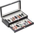 AUTOARK 2-Tier PU Leather & Velvet Knife Organizer with 17 Slots,Transparent Glass Top & Drawer,Compact Storage for Pocket Knives,Perfect for Men's Collections & Gifts,Black,MKAW015