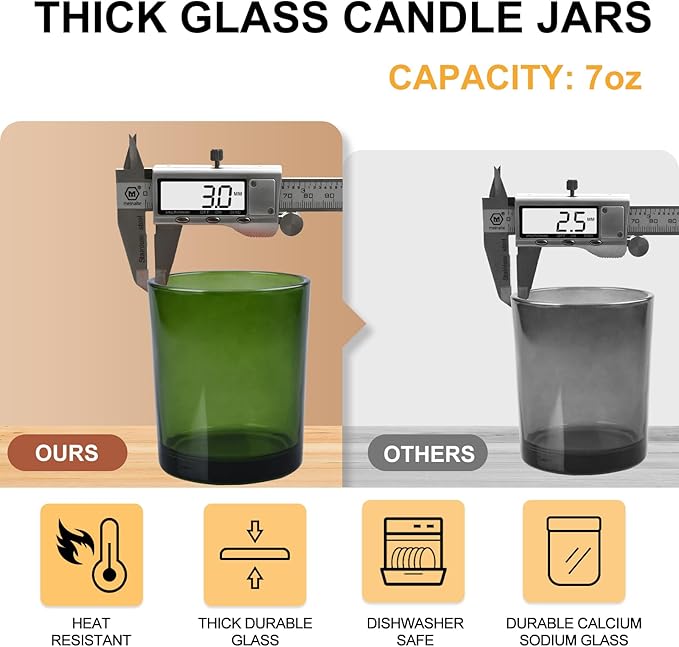 SHOWIN Thick Candle Jars for Making Candles 16 Pcs, 7 OZ Empty Jars with Wood Lids for Candle Making, Sample Container, Green