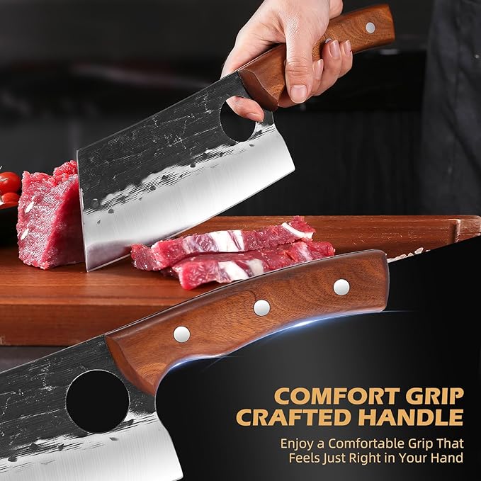 Meat Cleaver Chef Viking Butcher Japanese Cutting Boning Chopping Knife Hand Forged Full Tang Knives with Sheath for Kitchen, Outdoor Cooking, Camping, BBQ, Gift for Man and Women
