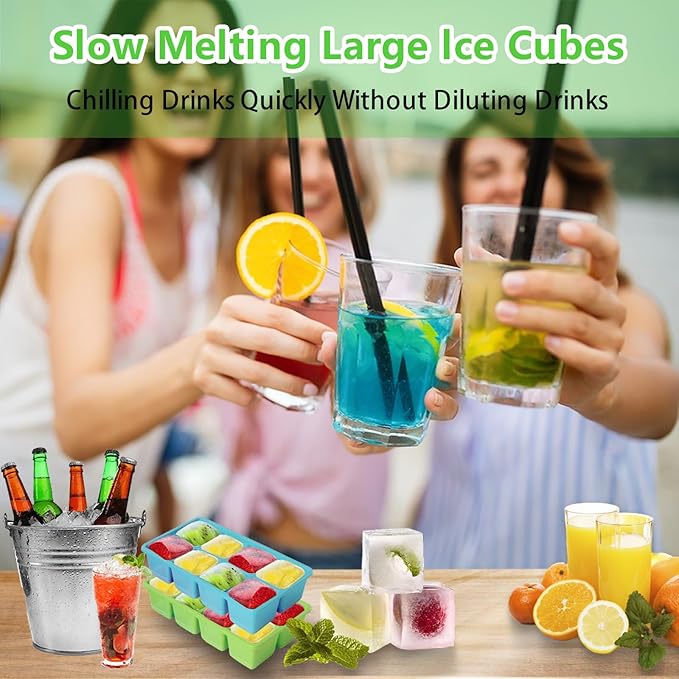Large Ice Cube Molds 2 Pack, FURNSII Silicone Ice Cube Tray for Freezer with Lid, 8 Giant Square Cubes, Easy Release Stackable Ice Molds for Whisky Cocktails