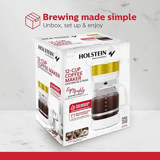 Holstein Housewares 12-Cup Coffee Maker, 61oz Drip Coffee Machine with Glass Carafe, Auto Pause & Serve, Compact Design – Ideal for Home, Office & Travel Coffee Brewing, White and Gold