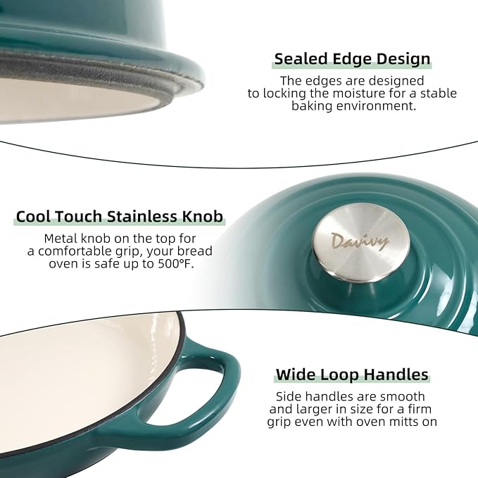 Davivy 5.5QT Dutch Oven for Sourdough Bread, Enameled Cast Iron Dutch Oven with Lid, 10" Round Sourdough Bread Oven, Bread Cloche for Bread Baking - Gradient Teal