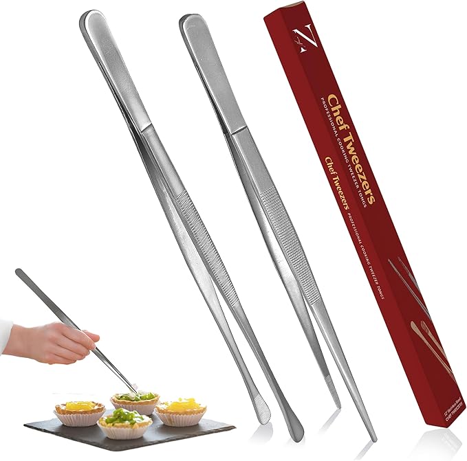 Namre' Tweezer Tongs for Cooking -Plating - 2 Pack Stainless Steel Cooking Tongs - Thin Chopstick Precise & Strong Chef Tweezers for Food & Small Objects - 12 Inch - (Silver)