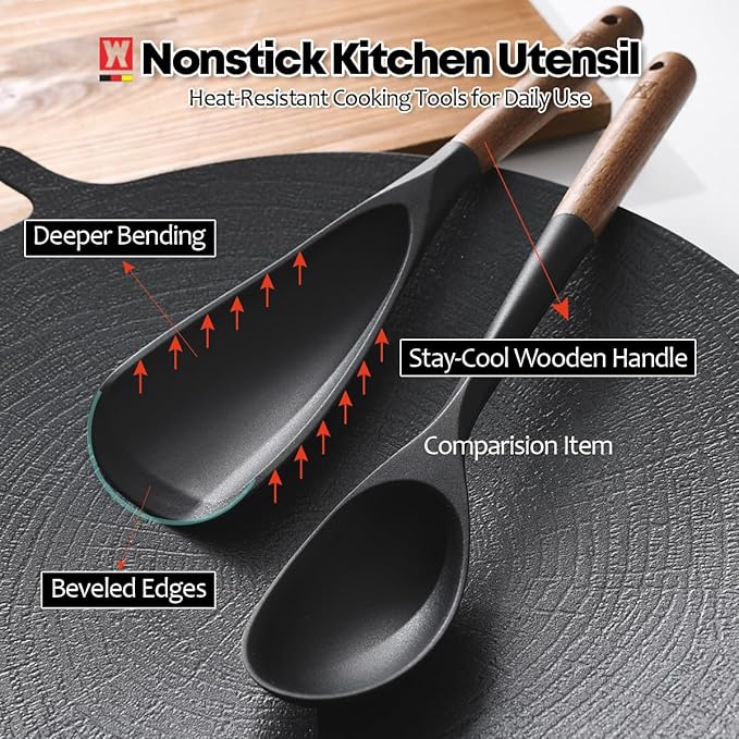 Set of 2pc Silicone Cooking Utensils: Wooden Handle Cooking & Serving Spoon+ Multi-Purpose Cooking Spoon, Heat Resistant Cooking Utensil, BPA Free, Safe Material for All Cooking Surfaces