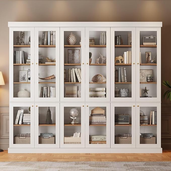 70.8" Bookshelf with Glass Doors, Farmhouse Modular Bookcase with 6-Tier Adjustable Shelves, Large Storage Cabinet for Living Room & Home Office, Set of 2, White