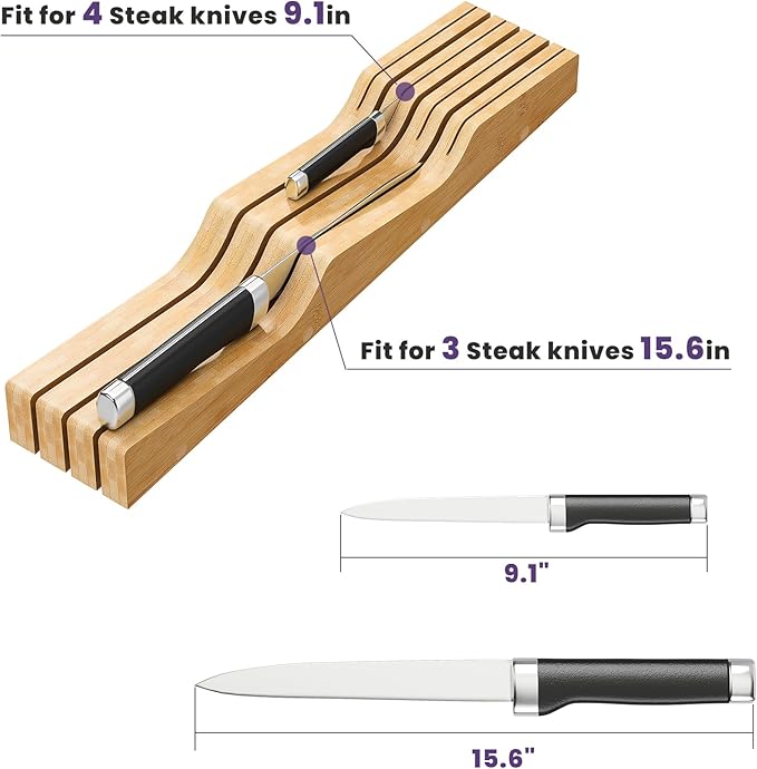 Bamboo In-Drawer Knife Block for 7 Knives(Not Included), Knife Drawer Organizer,Knife Holder Countertop,Block Knife Storage Organizer for Kitchen