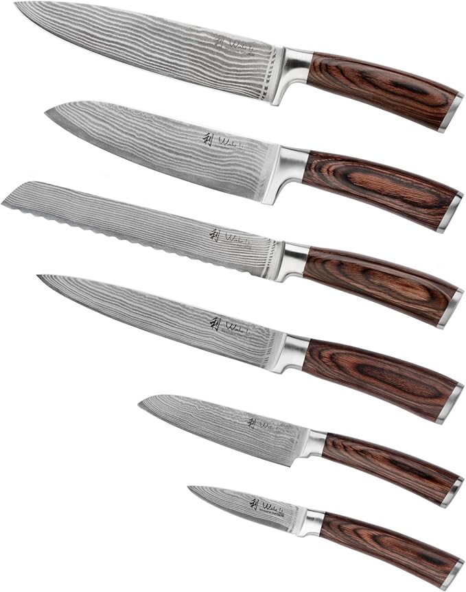 Wakoli EDIB 6-Piece Damascus Knife Block Set – Professional Japanese Style Kitchen Knives with Magnetic Acacia Block | Genuine Damascus Steel Blades with VG10 Core | Ergonomic Pakkawood Handles