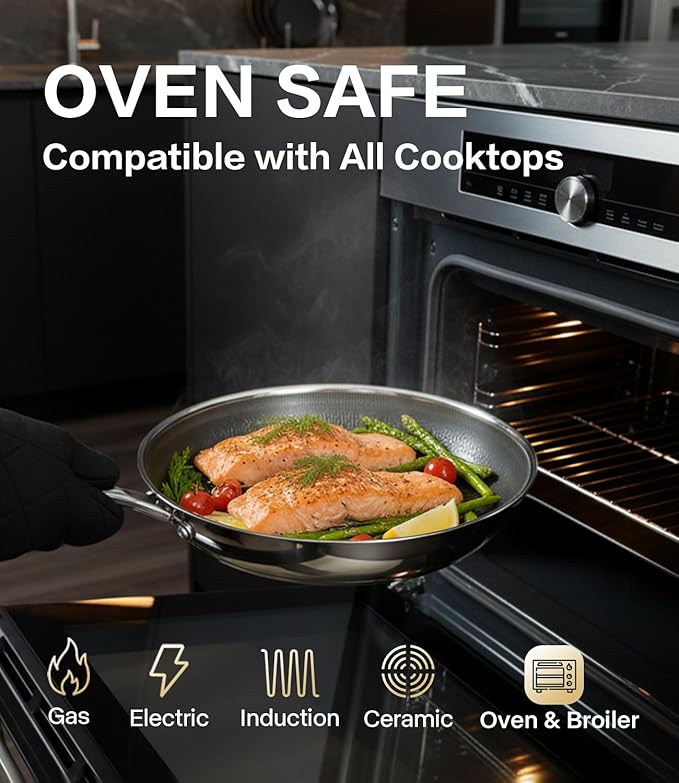 Non Stick Frying Pans with Lids, 12 Inch Fry Pan, Hybrid Large Frying Pan with Lid, Nonstick Skillet Stainless Steel, Dishwasher & Oven-Safe, Induction Compatible Cooking Pan