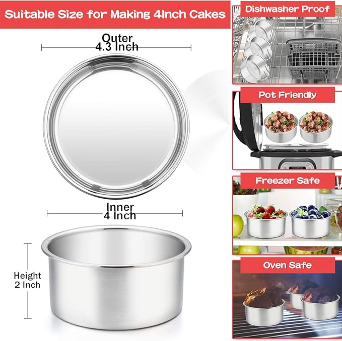 TeamFar 4 Inch Cake Pan, Mini Cake Pan Small Round Baking Tins Set Stainless Steel, For Baking Steaming Serving, Healthy & Sturdy, Easy Clean & Dishwasher Safe - Set of 3