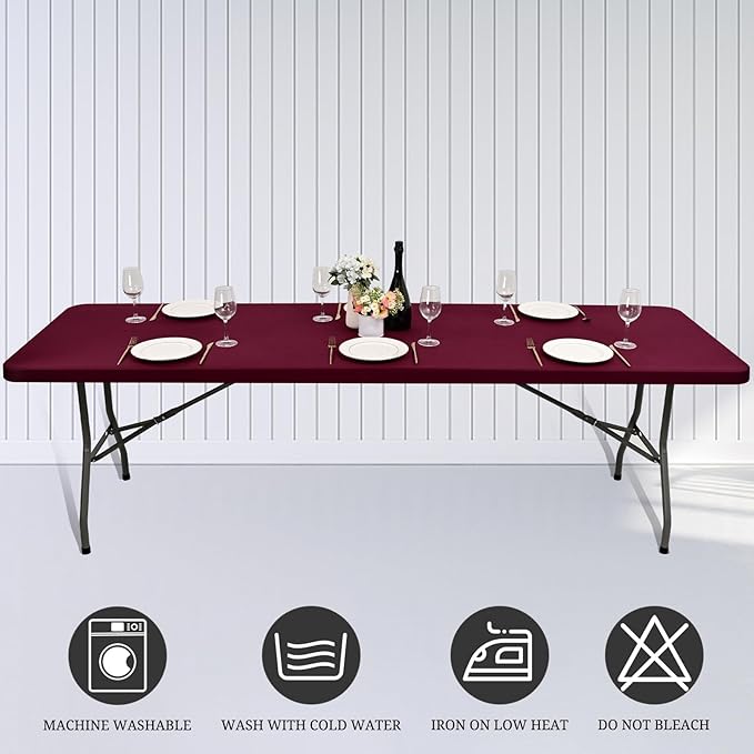 10 Pack Fitted Tablecloth for 8 Foot Rectangle Tables, Wine Red Elastic Outdoor Picnic Table Cover, Washable Stretch Folding Table Cloths 8 ft for Camping Party Patio Kitchen Banquet, 30" W x 96" L
