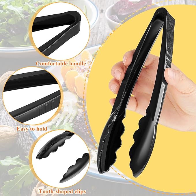 Tessco for you 150 Pcs Plastic Tongs for Serving Bulk, 9 Inch Plastic Disposable Serving Tongs Heavy Duty Salad Utensils for Kitchen Buffets BBQ Events Catering (Black)