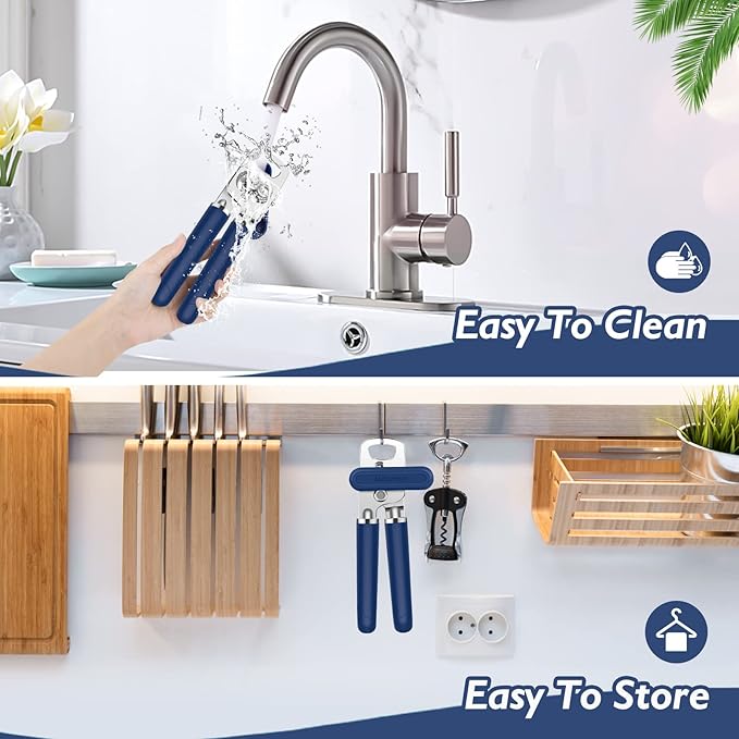 10 Colors Can Opener Manual Handheld Heavy Duty Hand Can Opener Smooth Edge Stainless Steel Can Openers Top Lid Kitchen Gadgets, Best Large Rated Easy Turn Knob, with Bottle Opener, Navy Blue