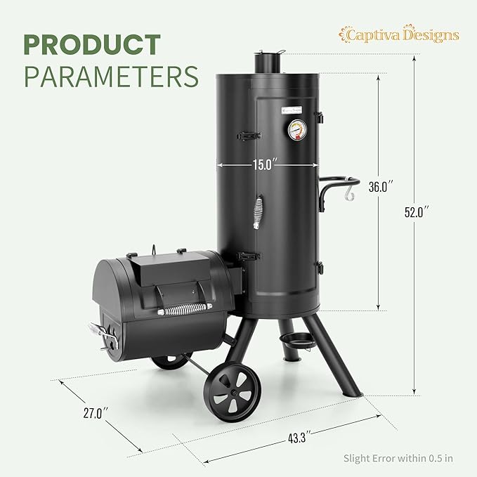Captiva Designs Charcoal Vertical Smoker Grill and Offset Smoker Grill Combo, Extra Large Outdoor Barrel BBQ Meat Smoker with 5 Removable Smoking Grates & Built-in Hooks for Various Meat Foods