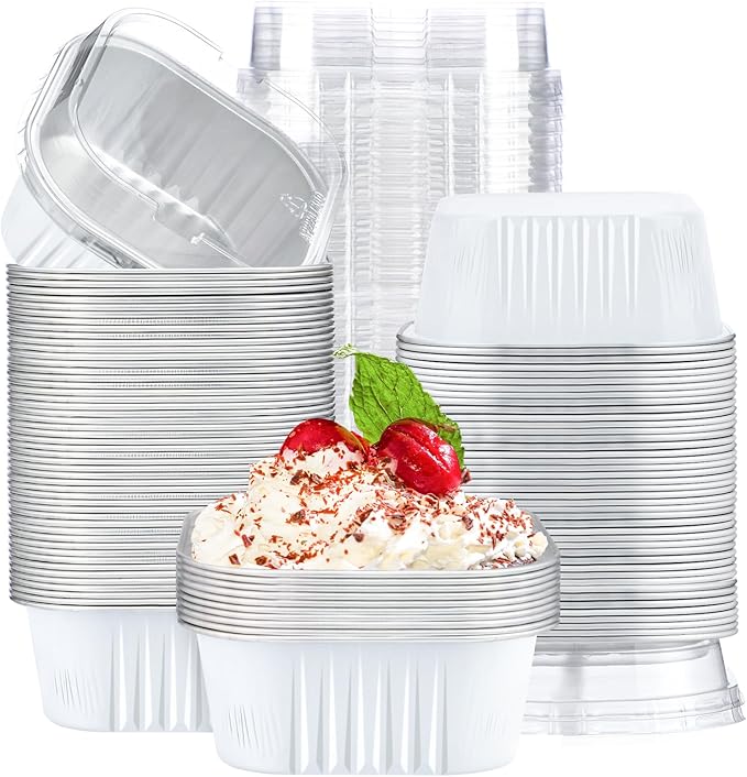 EUSOAR Disposable Ramekins with Lids, 10oz 100pcs Aluminum Foil Baking Cups, Creme Brulee Cups, Muffin Cups for Baking, Square Cupcake Pans, Mini Cake loaf Bread Containers