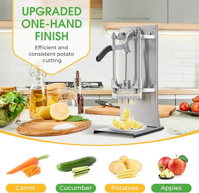 4in1 Commercial French Fry Cutter & Lemon Slicer & Vegetable Chopper - Stainless Steel with Extended Handle - 4 Blades for Home, Bar, Restaurant - Dice, Slice & Chop 1/2", 3/8", 1/4", 8 Wedge