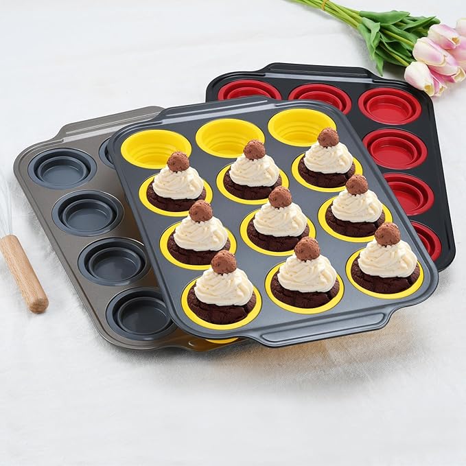 Silicone Muffin Pan, 12 Cups Cupcake Pans with Metal Frame Nonstick Muffin Tins Easy to Pop Out for Baking Cupcake Egg Bites BPA-free Cupcake Pan Mold (12 Cups Yellow)