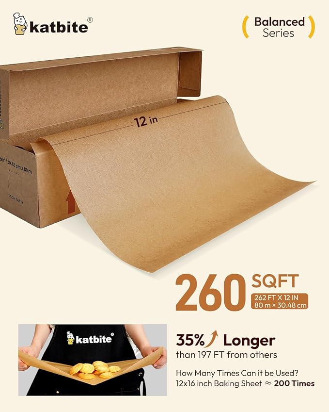 Katbite 12in x 262ft Unbleached Parchment Paper Roll, 260 Sq.Ft, Balanced Series, Non-Stick, Extra Long Parchment Baking Paper with Portable Serrated Cutter for Baking, Cooking [Balanced Series]