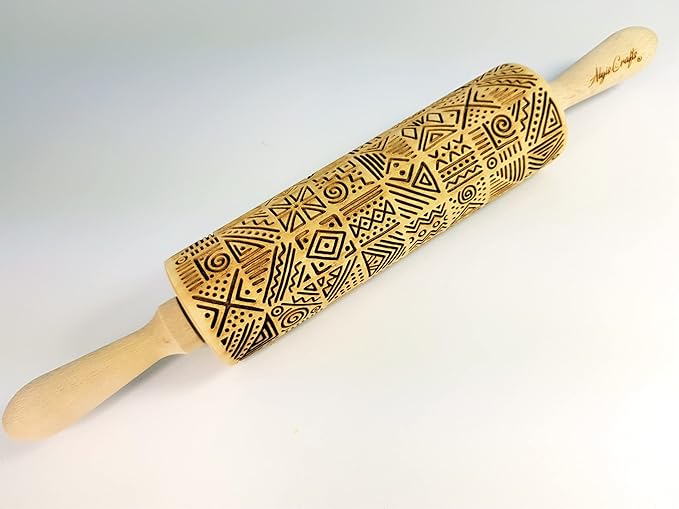 AFRICA Embossing Rolling Pin Dogh Roller with Tribal Pattern for Embossed Cookies and Pottery by Algis Crafts
