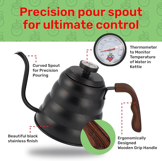 Japanese Gooseneck Kettle Stovetop with Thermometer and Insulated Handle (4-piece, 1200ml / 40.6 oz), Stainless Steel Pour Over Tea Kettle Stovetop, Precision Pour Kettles Pot for Coffee & Tea