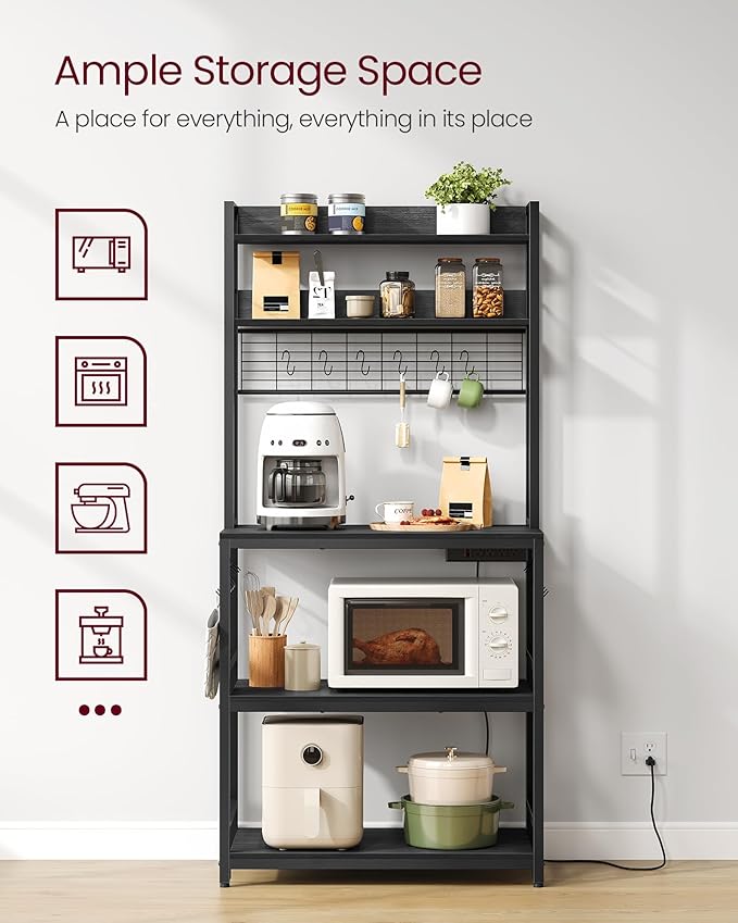 VASAGLE Hutch Bakers Rack with Power Outlet, 14 Hooks Microwave Stand, Adjustable Coffee Bar with Metal Wire Panel, Kitchen Storage Shelf, 15.7 x 31.5 x 66.9 Inches, Charcoal Gray and Ink Black