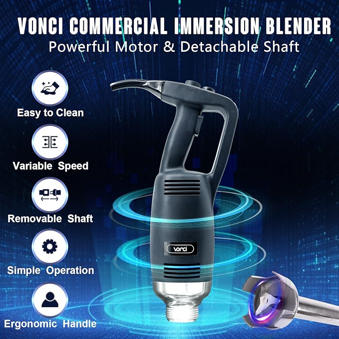 VONCI 350W Commercial Immersion Blender, Light Duty Hand Blender, Variable Speed 6000-20000RPM, 12" Detachable Shaft.