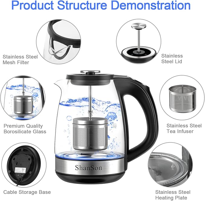 ShanSon Electric Kettle with Tea Infuser 1.7L Temperature Control Glass Electric Tea Kettle 1500W Fast Heating Water Boiler BPA Free Electric Teapot with 7 Presets Auto-Off & Boil-Dry Protection