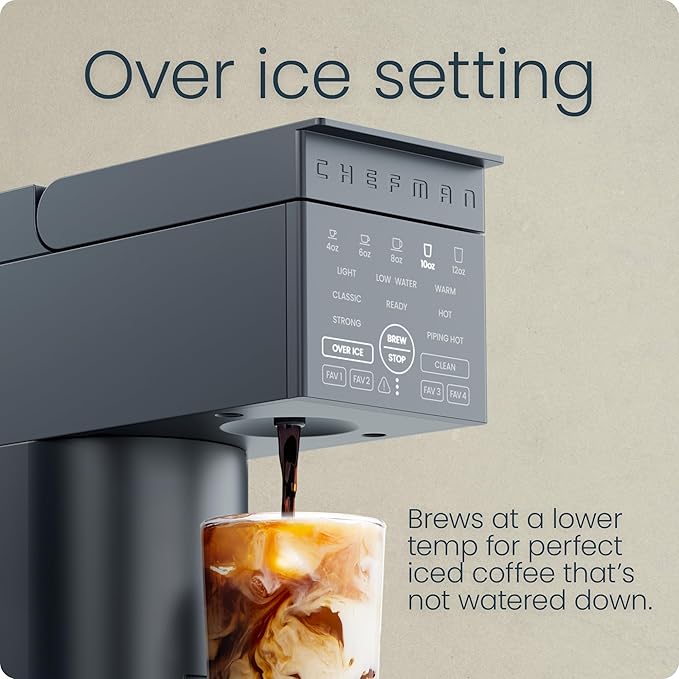 Chefman Caffeinator Single Serve Coffee Maker, Brew Kcups & Grounds, Drip Coffee Machine with Brew Strength Settings, Iced Coffee Function, 48 oz. Removable Water Reservoir - Includes 4 Filters