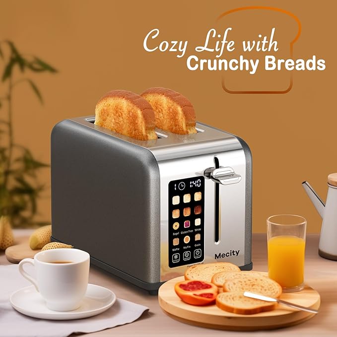 Mecity 2 Slice Touch Screen Toaster, 1.5" Wide Slot, Stainless Steel Smart Toaster for Bagels, Muffins, Waffles, Gluten-Free Breads, Defrost, Reheat, Timer, 120V 825W, Grey Pearl