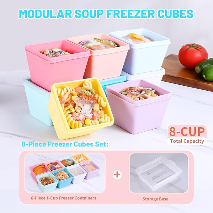 Gemice BPA-Free Silicone Freezer Molds with Base, Individual 8-Pack 1-Cup Portion Soup Cubes Freezer Tray with Lids for Food Storage, Oven & Dishwasher Safe, Silicone Freezer Containers for Meal Prep