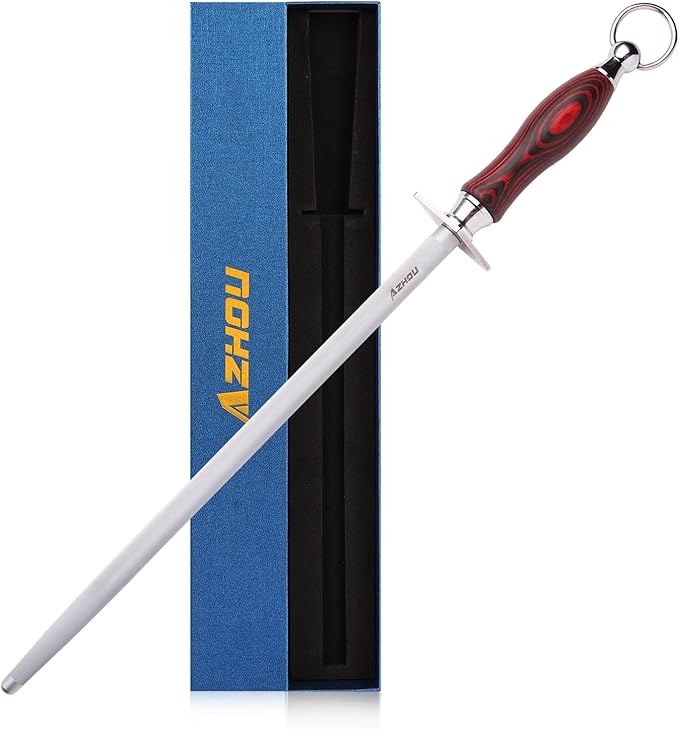 Azhou 12 Inch Superfine Honing Steel, HRC 65±1, T12 Carbon Steel with Sand Blasting, Knife Sharpening Kit with Wooden Handle, Professional Knife Sharpener
