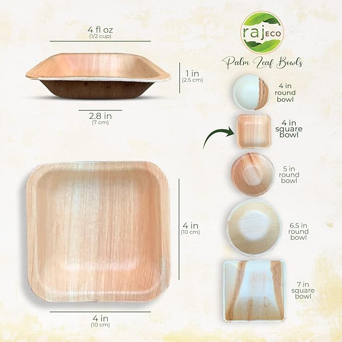 Raj Disposable Palm Leaf Bulk Bowls 4" Square Bowls(6 CASES - 600 PACK) Strong Bowl Like Bamboo Party Bowl - Decorative Compostable Tableware for Lunch, Dinner, Birthday, Outdoor, BBQ, Picnic.