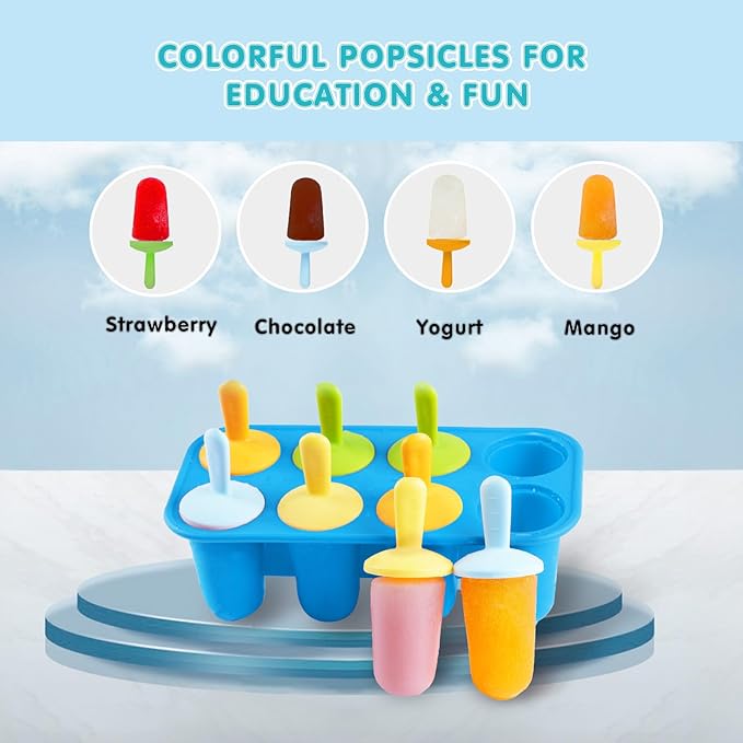 Miaowoof Silicone Popsicles Molds for Toddlers, 8-Cavity Non-BPA Premium Silicone Small Popsicle Molds, Ice Pop Mold with 8 Colorful Reusable Sticks for Kids (Blue)