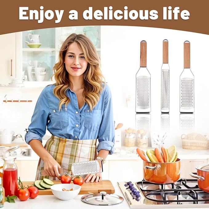 SHIKORI Professional Cheese Graters for Kitchen Stainless Steel Handheld, Metal Lemon Zester Grater With Wood Handle For Cheese, Chocolate, Spices, Kitchen Gadgets And Tools-3 Pcs