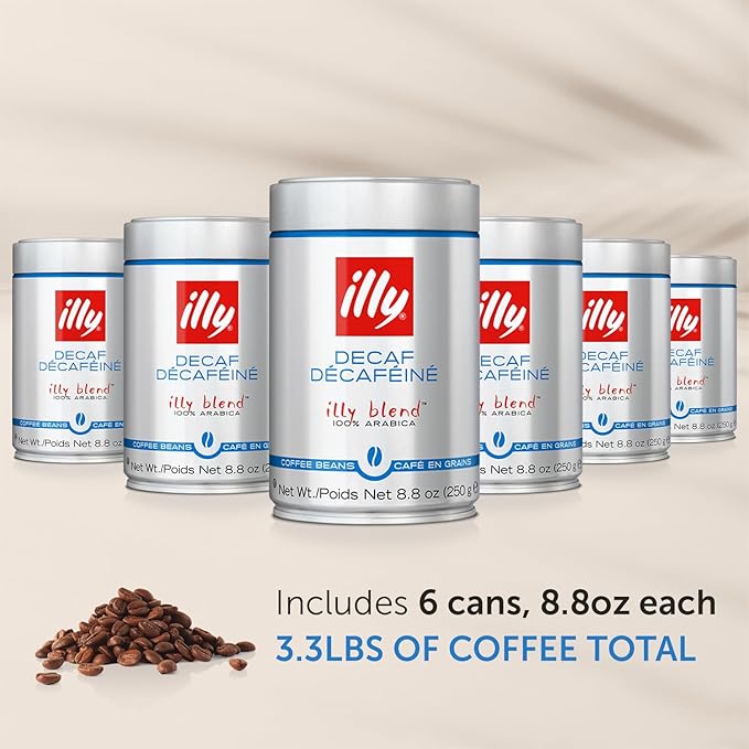 Illy Whole Bean Coffee, Decaffeinated - Medium Roast - Mild & Balanced - 100% Arabica - Whole Beans - Pressurized Packaging Sealed for Freshness - 8.8oz can (Pack of 6)