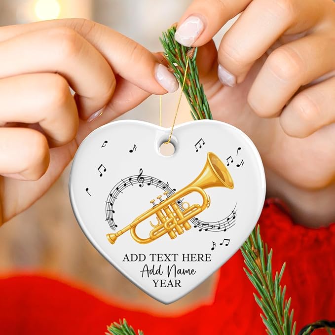 Personalized Text Name Year Trumpet Xmas Ceramic Ornaments, Trumpet Instrument Christmas Tree Ornament 2025, Trumpetist Christmas Ornament Gift for Men Women, Instrument Themed Xmas Decor