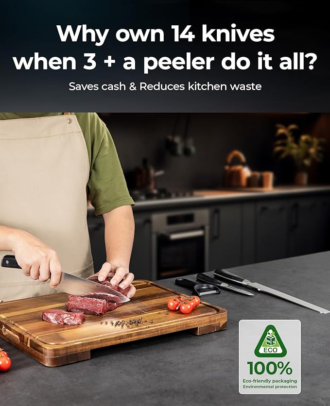 Essential 4-Piece Kitchen Knife Set,Sharp German Steel Knives Sets(Chef's Knife, Paring Knife, Bread Knife + Peeler) for Home Cooking BBQ,Gift Box included