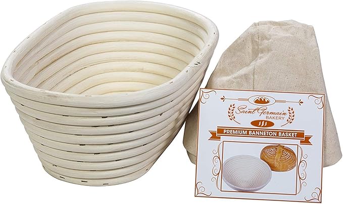 Saint Germain Bakery Premium Round Bread Banneton Basket with Liner - Perfect Brotform Proofing Basket for Making Beautiful Bread (10 inch Oval)