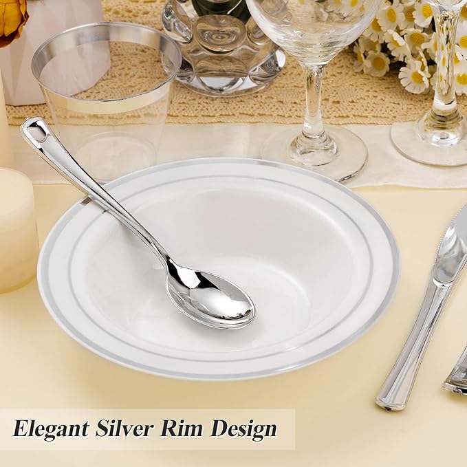 100 Pack Disposable Soup Bowls with Silver Rim, 12oz Premium Heavy Duty Plastic Dinner Bowls for Party, Wedding and Holiday