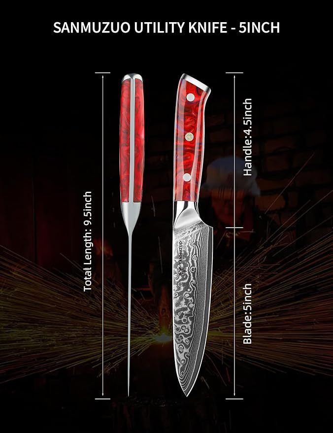 5 Inch Kitchen Utility Knife - Xuan Series Kitchen Knives - VG10 Damascus Steel with Resin Handle (Sunset Red)