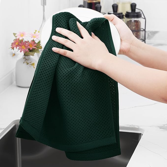 Homaxy 100% Cotton Waffle Weave Kitchen Dish Towels, Ultra Soft Absorbent Quick Drying Cleaning Towel, 13 x 28 Inches, 12-Pack, Blackish Green