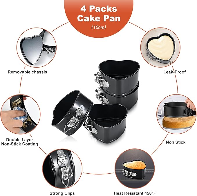 4 Pack Non-Stick Cheesecake Pan Springform Cake Pan Set, 4" Leakproof Moule a Gateau Heart Cake Pan, Removable Bottom Quick Release Latch Moulds for Birthday Cake