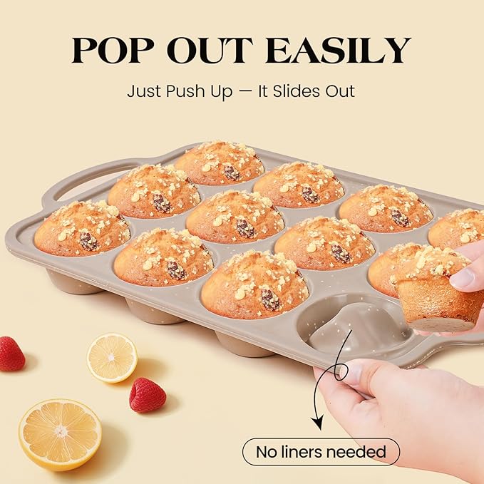 Vinino 2Packs Silicone Muffin Pans for Baking with Metal Reinforced Frame, 12 Cups Regular and 24 Cups Mini Nonstick Cupcake Pan, BPA Free Oven Dishwasher Safe Baking Mold for Muffins Cupcakes